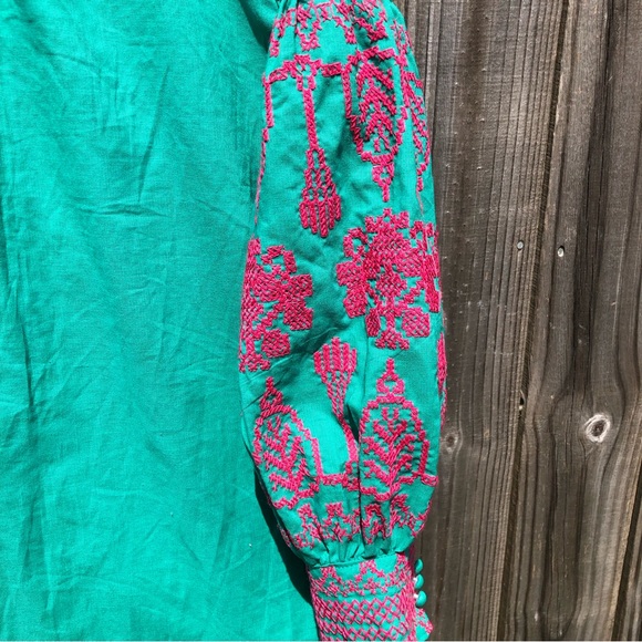 🛍️ Bohemian Green Lantern Sleeve Embroidered Tassels Tunic Dress M - Picture 9 of 10